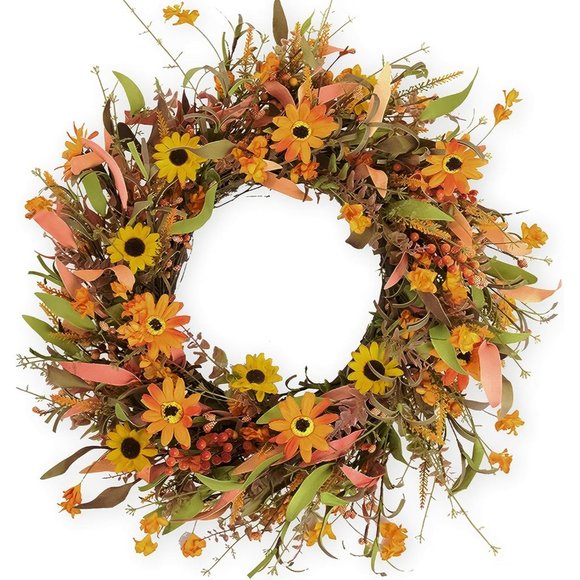 22" Autumn Front Door Wreath with Eucalyptus Leaf Daisies and Berry with Bag - Picture 1 of 6